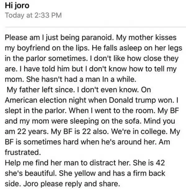 Help! My Mum Kisses My Boyfriend on the Lips, He Sleeps on Her Laps - Lady Cries Out
